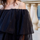 Off-shoulder polka dot mesh shirt