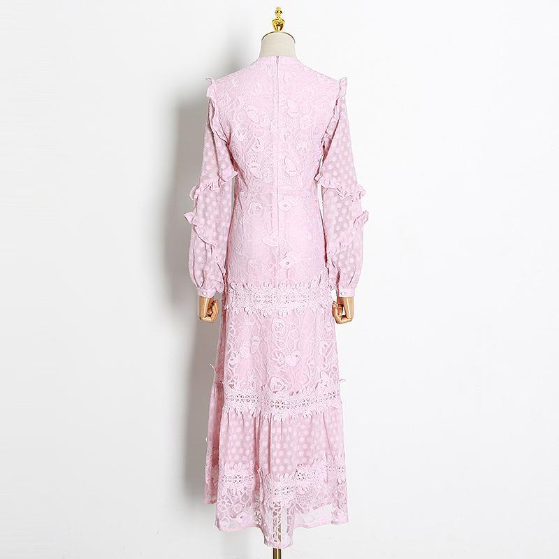 MARION Vintage-like V-Neck Lace Midi Dress