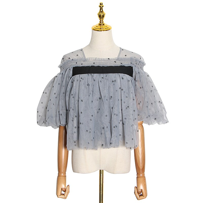 Patchwork mesh short blouse in colors
