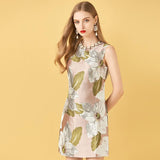 WHITE PEONY print beaded mini dress