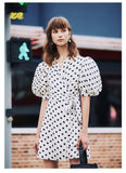 LISA Puff Belted V-Neck Polka Dot Dress