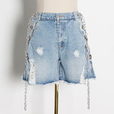 Distressed Denim Shorts with Chain Accent