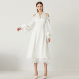 LAILA Open-shoulder Feathered Hem Midi Dress