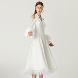 LAILA Open-shoulder Feathered Hem Midi Dress