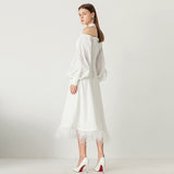LAILA Open-shoulder Feathered Hem Midi Dress