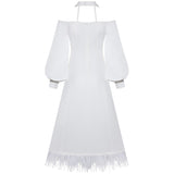 LAILA Open-shoulder Feathered Hem Midi Dress