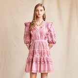 IVANNA Embroidery V-Neck Vintage Mini Dress