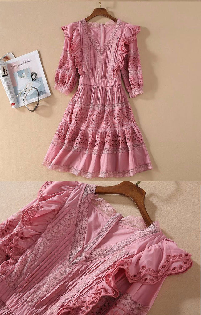 IVANNA Embroidery V-Neck Vintage Mini Dress