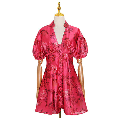 NANCY V-neck Floral Puff Mini Dress