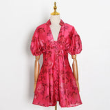 NANCY V-neck Floral Puff Mini Dress