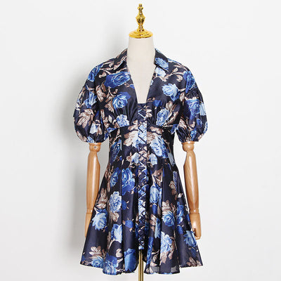 NANCY V-neck Floral Puff Mini Dress