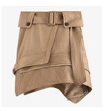 Khaki Zipper High Waist Belted Skirt