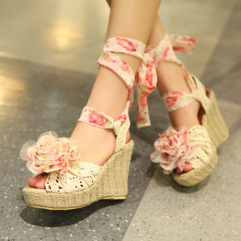 Floral bowknot high wedge sandals in colors