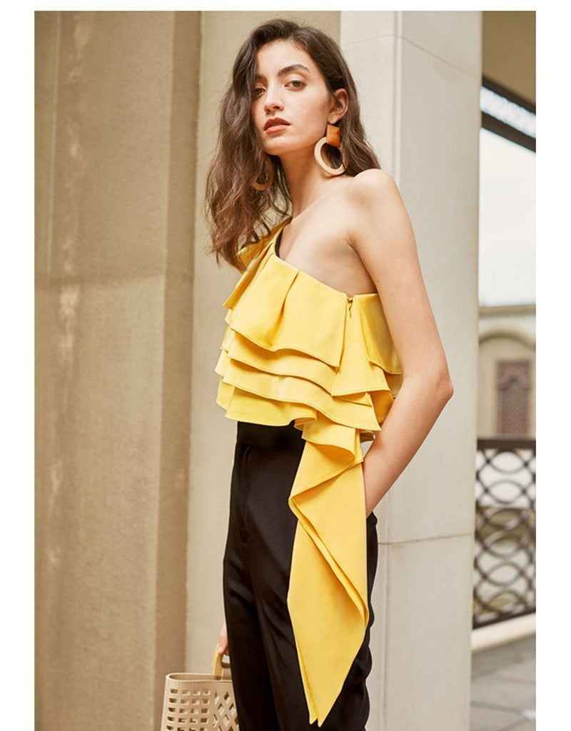 One Shoulder Layered Ruffles Loose Fit Blouse