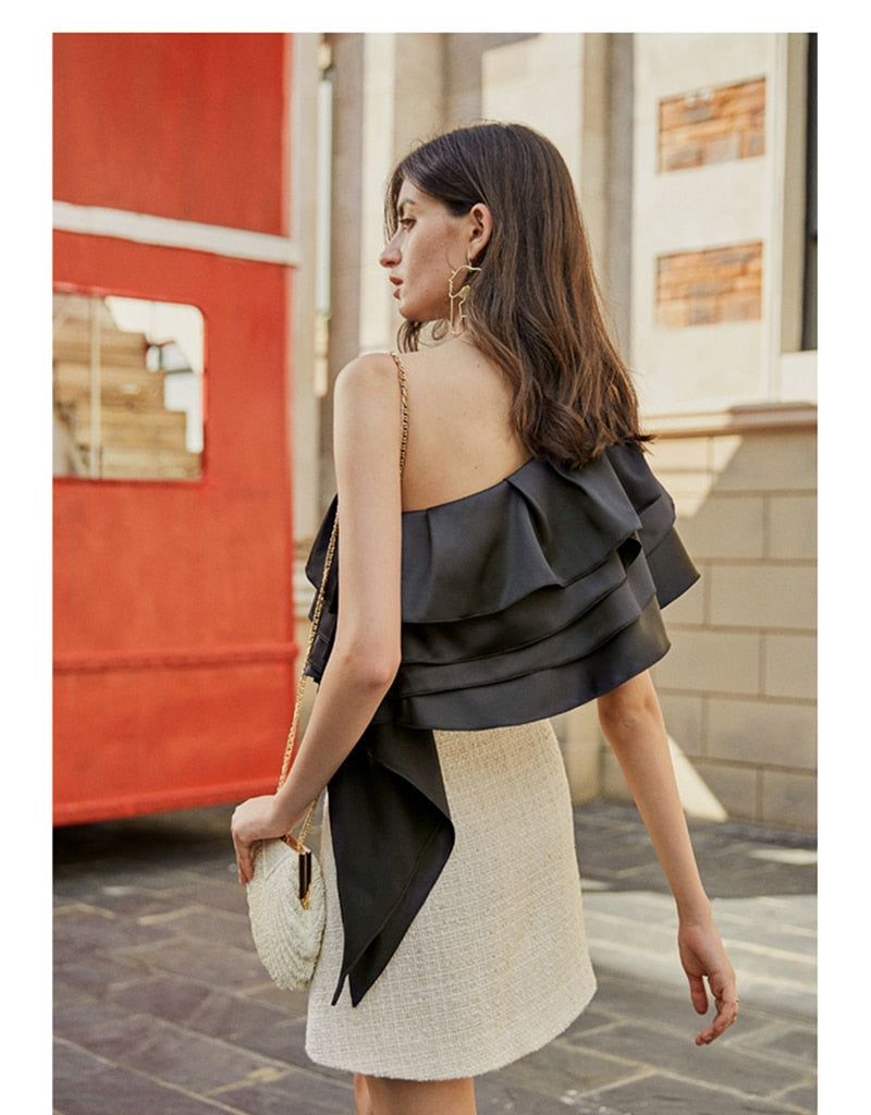 One Shoulder Layered Ruffles Loose Fit Blouse