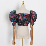 Floral Sweetheart Puff Zipper short Blouse