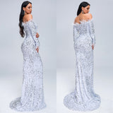 ALEV Off-shoulder Sequined Gown in colors