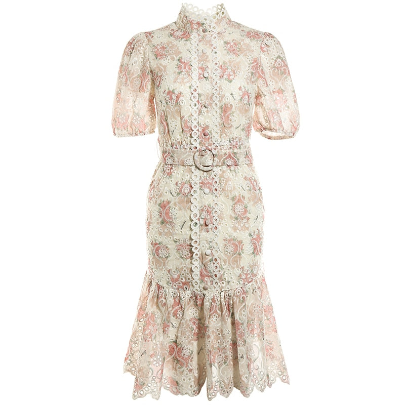 EDEN Belted Embroidery Ruffled Midi Dresses