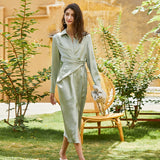 REEMA Faux Wrap Luxe Midi Dress in Green