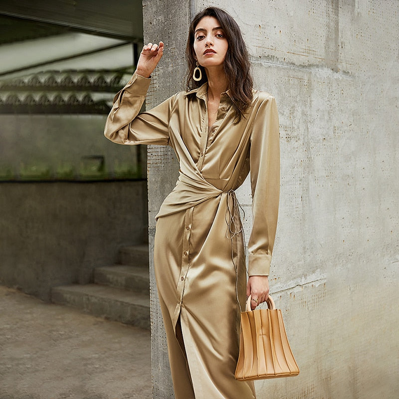 REEMA Faux Wrap Luxe Midi Dress in khaki