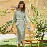 REEMA Faux Wrap Luxe Midi Dress in Green