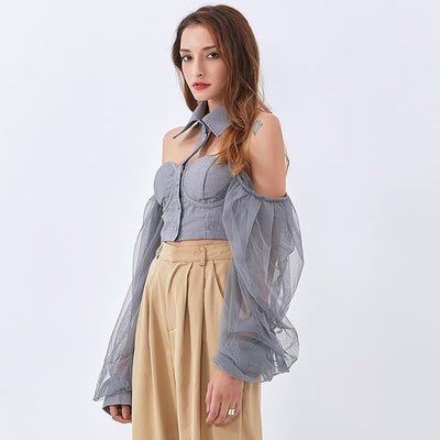 Sweetheart mesh sleeve party crop top