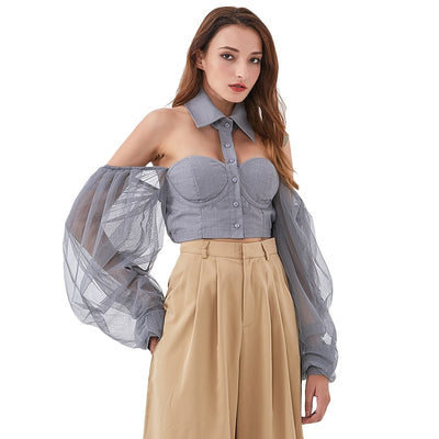 Sweetheart mesh sleeve party crop top