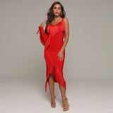 CLARA asymmetric fringe red dress