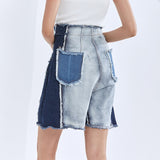 Patchwork High-waisted Denim Shorts