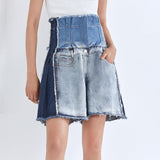 Patchwork High-waisted Denim Shorts