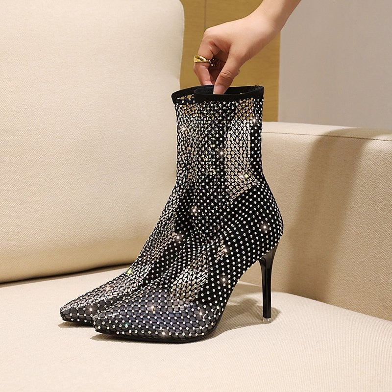 Sparkly Mesh High-Heeled Boots