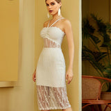 DIVINA White Lace Mesh Midi Dress