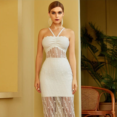 DIVINA White Lace Mesh Midi Dress