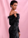 MALACHITE Black feathered sequins gown