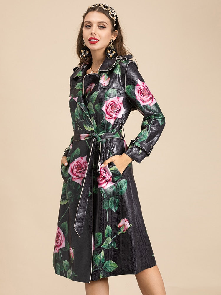Floral Print Faux Leather Trench Coat