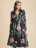 Floral Print Faux Leather Trench Coat