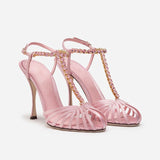 T-Strap High-heeled Sandals with Faux Crystals