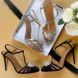 T-Strap High-heeled Sandals with Faux Crystals