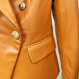 Faux Leather Double-Breasted Blazer