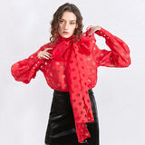 Big Bow Tie Neck Polkadot Blouse in colors