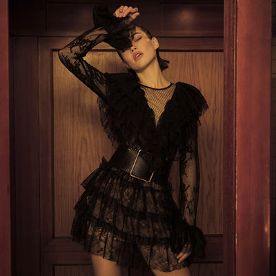 OLIVIA Ruffled Lace Mini Dress in colors