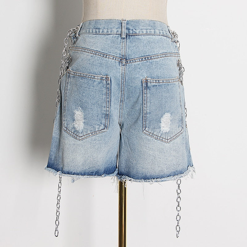 Distressed Denim Shorts with Chain Accent