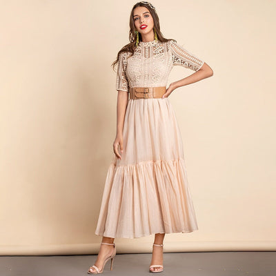 ALLOISA Belted Lace Maxi Dress