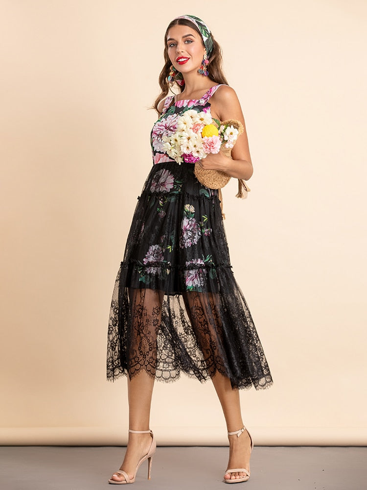 KARA Floral and Lace Midi Dress