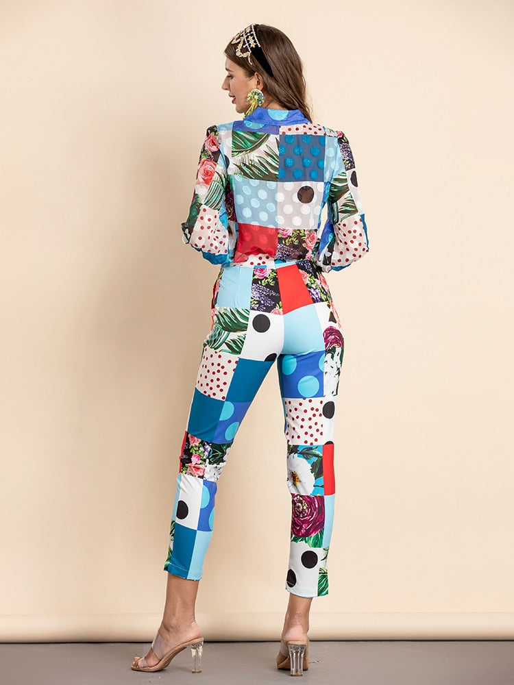 Patchwork Print Blouse and Pant Set