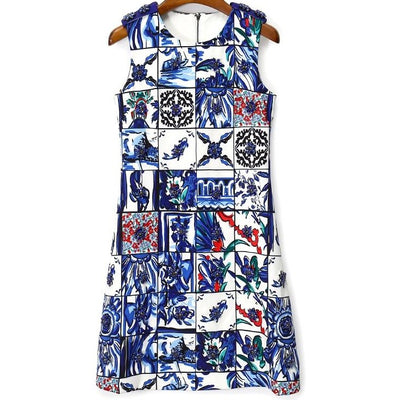 Blue Patchwork Beaded Mini Dress