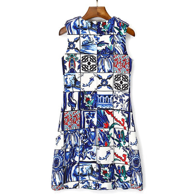 Blue Patchwork Beaded Mini Dress