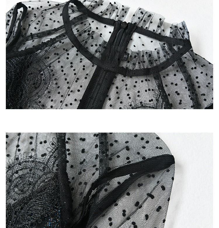 ALINA Mesh Dots Midi Dress with Lace