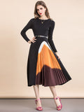 Knit Midi Dress with Gadieted Pleated Skirt Detail