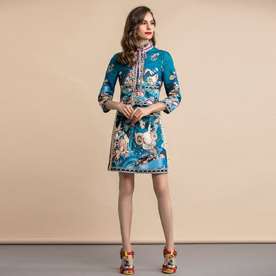 Classy Vintage Print Blouse & Skirt Set